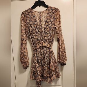 Saints +Secrets Elegant Floral Long Sleeve Mini  Flowy Summer Dress Sz S